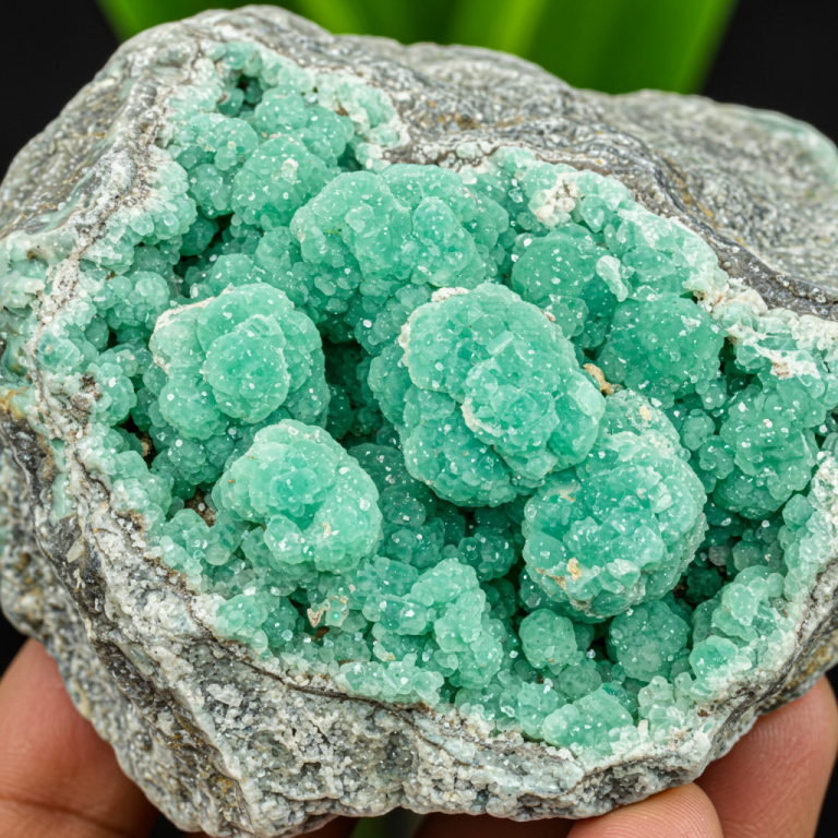 Ejemplar de Crisoprasa en bruto incrustado en roca matriz, mostrando una formación de cristales tonalidad verdegay manzana botrioidal