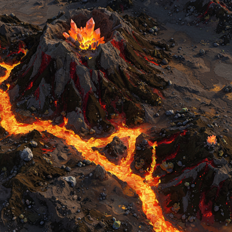 paisaje volcánico monster Paisaje volcánico con lava y cúmulos de cristales de colores en un entorno de exploración fantástico.