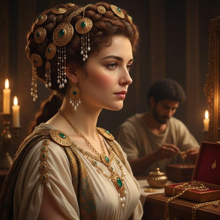 Lujoso Peinado Histórico adornado con Oro y Esmeraldas Retrato de una mujer de alto estatus de la antigüedad con un peinado muy alto y elaborado. El cabello está decorado con joyas de oro macizo