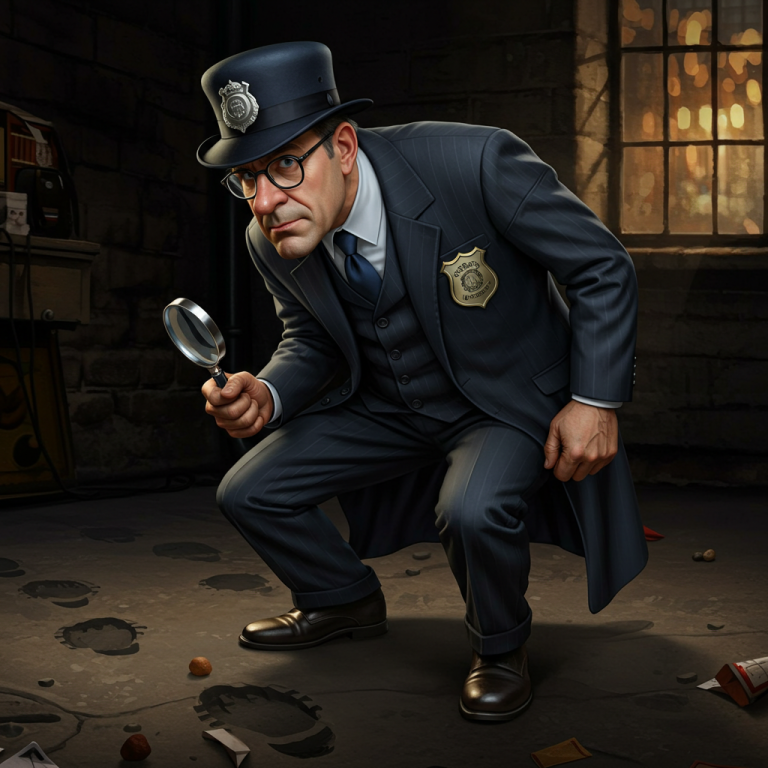 Detective de policía (ACME) con traje simple examinando huellas. Personaje del videojuego de los años noventa.