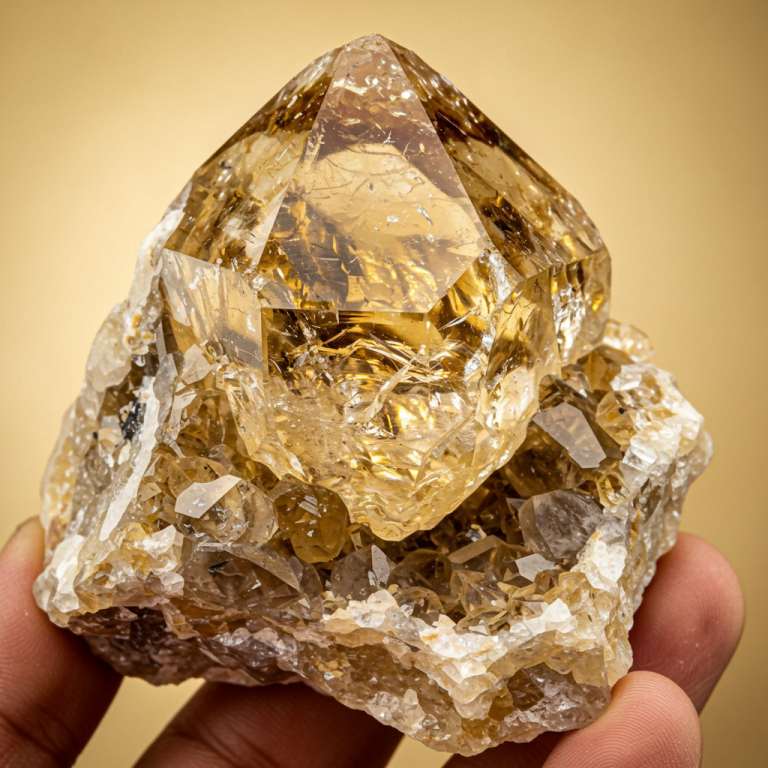 Punta de cuarzo Citrino natural grande y facetada de color dorado/ámbar, sostenida por una mano, sobre matriz.