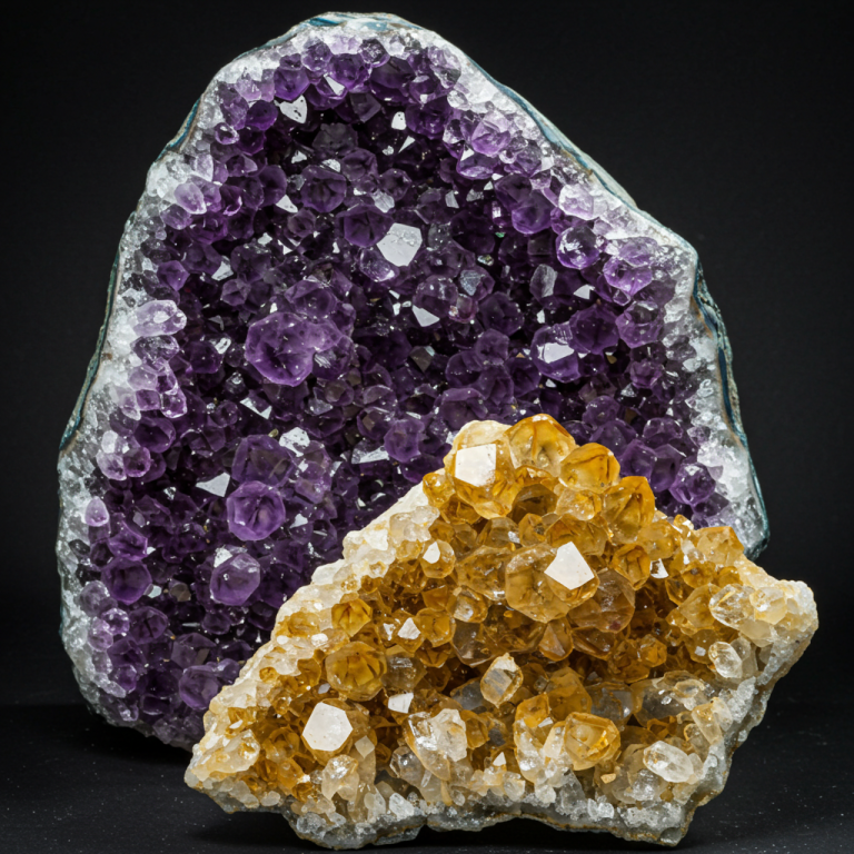 Geoda grande con cristales de Amatista morados y un cúmulo de cristales de Citrino naranja en primer plano.