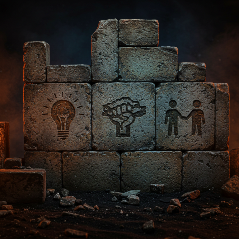 Iconos de las tres rutas de juego: ingenio, fuerza y cooperación en las ruinas de la Atlántida mítica.