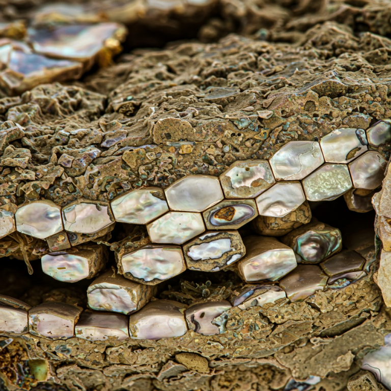 Estructura Microscópica del Nácar: Aragonito y Conchiolina Cristales hexagonales de aragonito apilados como 'ladrillos' y la matriz orgánica que los une. Esta microestructura ilustra la composición