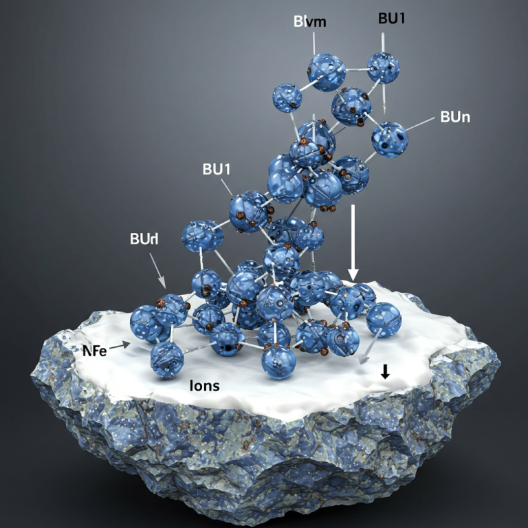 Diagrama científico 3D. Estructuras moleculares complejas (BU1, BUn) depositándose en una superficie sólida.