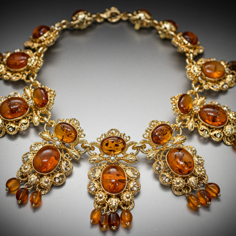 Collar de alta joyería con grandes cabujones de ámbar báltico pulido engastados en elaborada filigrana de oro.