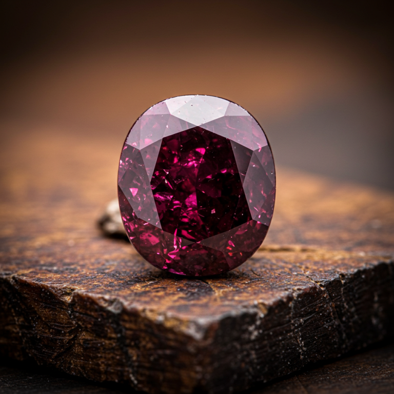 Primer plano de un rubí tallado en forma ovalada, mostrando un color rojo-magenta intenso y facetas brillantes.