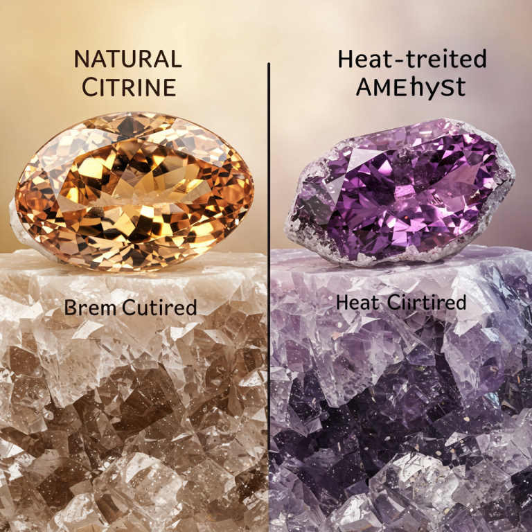 Un panel dividido compara el Citrino natural amarillo-naranja con la Amatista violeta tratada por calor en forma cristalina y facetada.