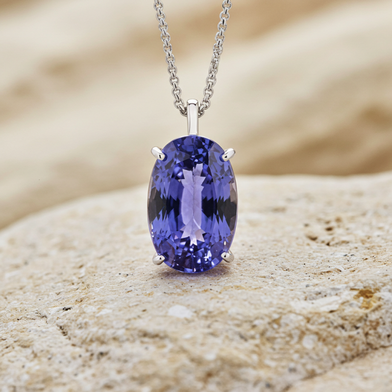 Colgante de tanzanita de talla ovalada en azul-violeta, sujetado por cuatro garras en metal blanco.