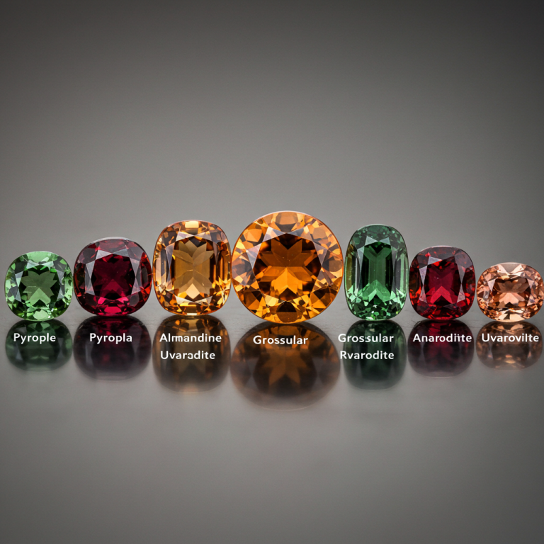 Fila de gemas de granate facetadas que muestran el rango de colores, de verde (tsavorita) a rojo (piropo) y naranja (grossular).
