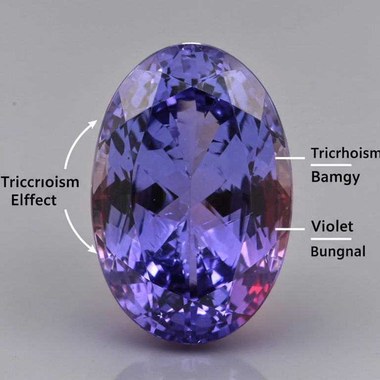 Gema ovalada de tanzanita que ilustra el tricicloísmo. Se aprecian variaciones de azul y violeta.
