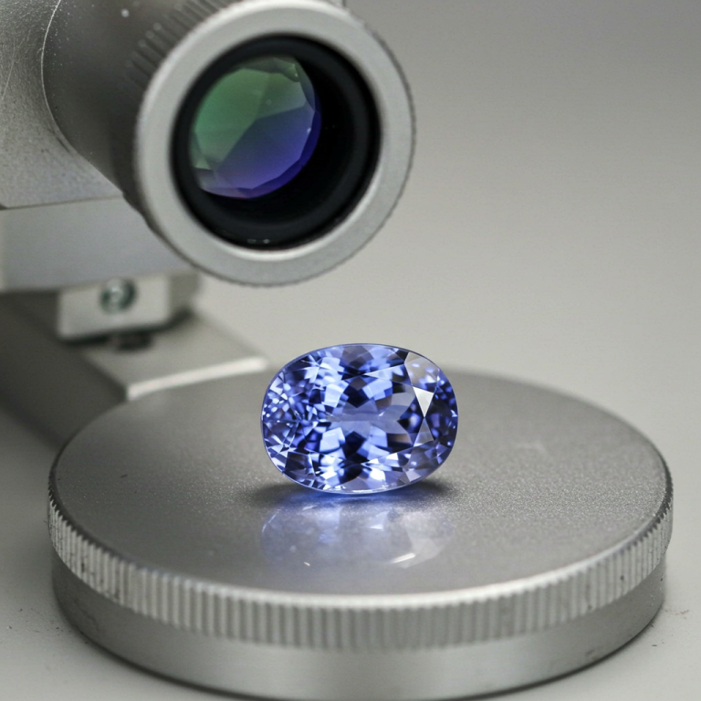 Gema de tanzanita ovalada bajo un microscopio o lupa de joyero para análisis de color y calidad.