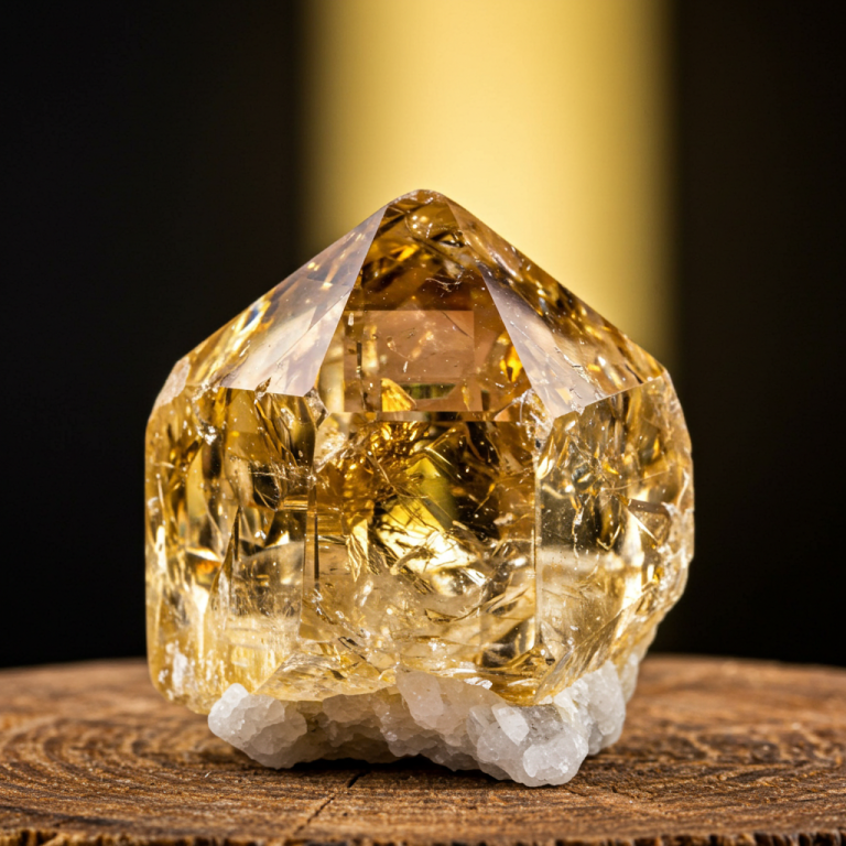 Gran cristal de Citrino en bruto, de color amarillo-dorado, exhibido sobre una base de madera.