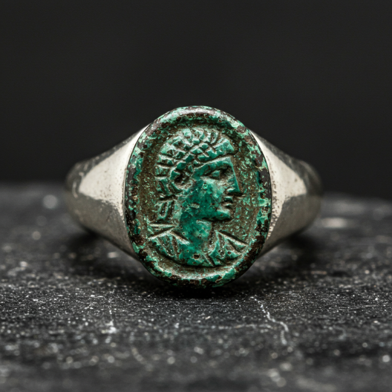 Anillo de plata antigua con gema ovalada verde oscuro, con busto masculino de perfil, manufacturado en sello