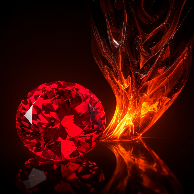 Rubí rojo intenso, redondo y facetado, junto aura de llamas anaranjadas que se elevan desde base.