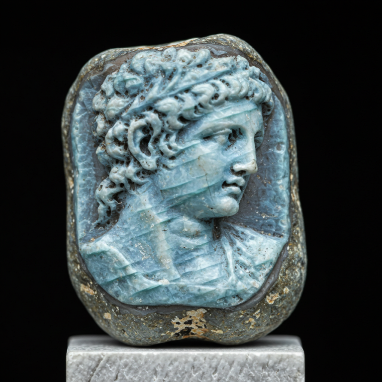Camafeo antiguo de perfil masculino, tallado en piedra semipreciosa azul verdosa (aguamarina).
