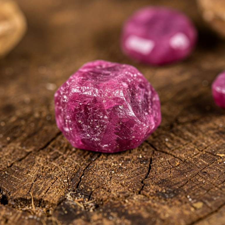 Primer plano de un rubí en bruto de color magenta, mostrando su superficie áspera, sobre madera rústica.