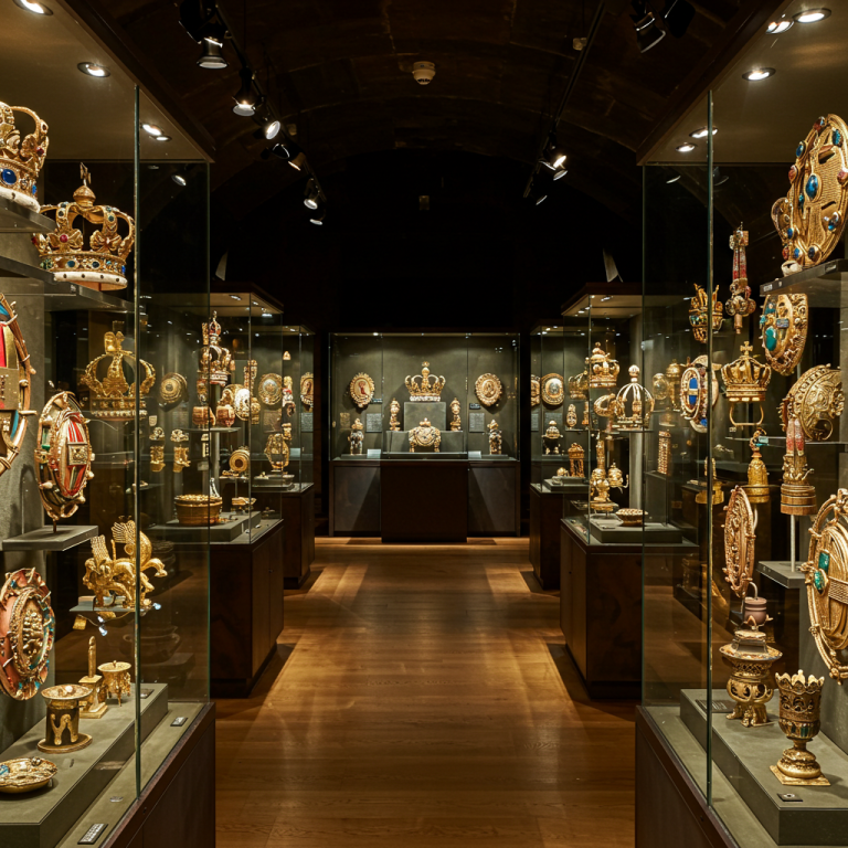 Exhibición completa de todas las insignias, joyas y orfebrería de la monarquía. La sala de los tesoros reales. Hegemonía Lapidaria.
