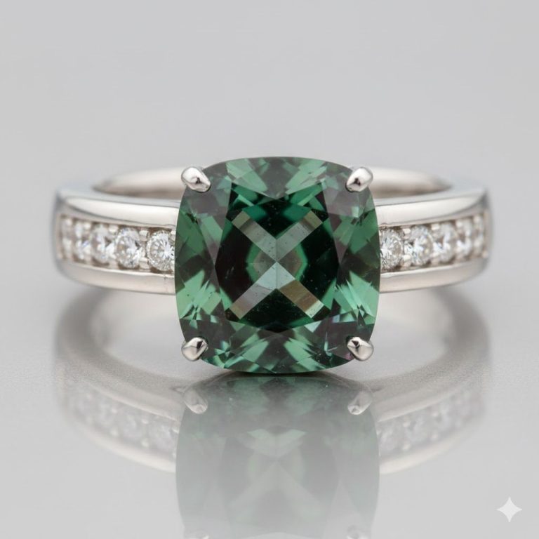 Anillo de oro blanco con alejandrita redonda en engaste biselado; destellos verdes y púrpuras bajo la luz,  bivalencia cromática