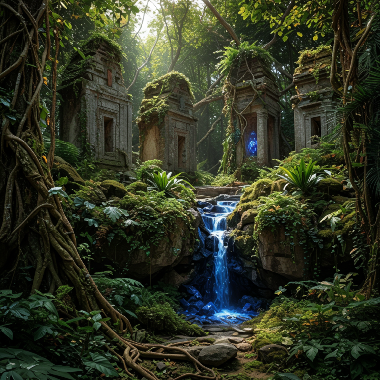 jungla monster Jungla tropical con ruinas antiguas y vetas de lapislázuli azul en un acantilado de musgo.
