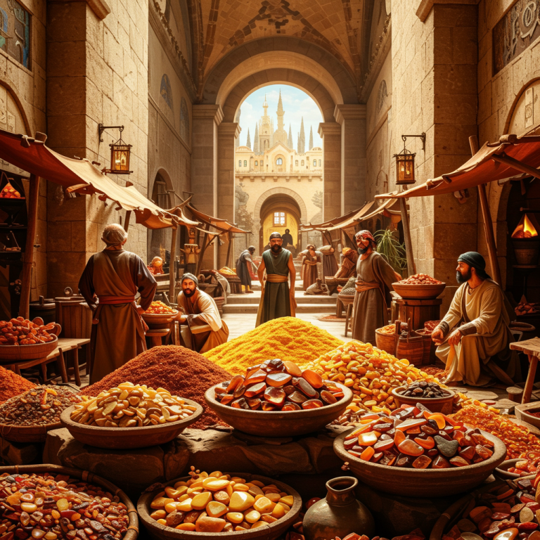 Ilustración de un antiguo mercado con comerciantes intercambiando mercancías, centrándose en el comercio de ámbar.