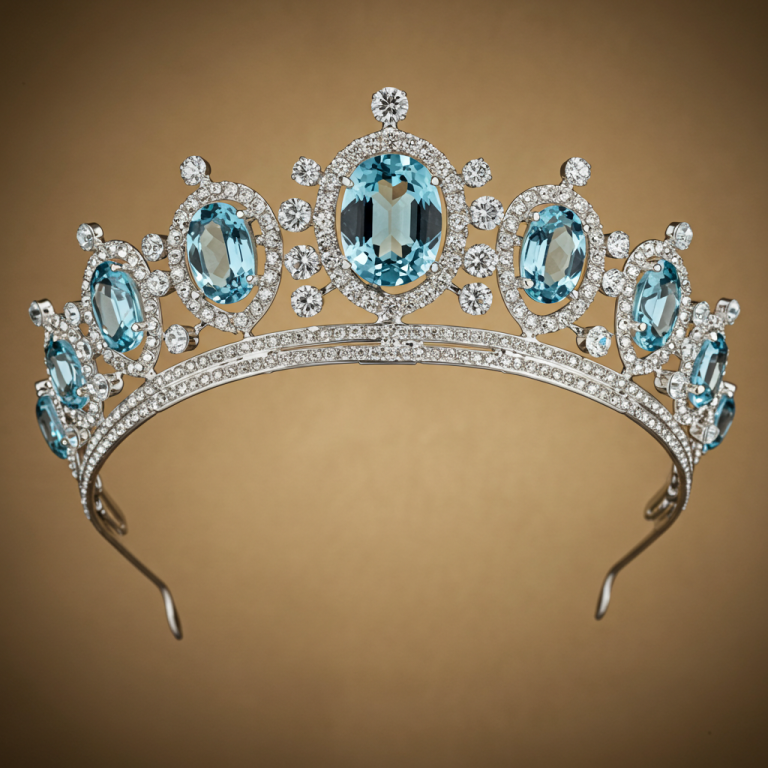 Tiara real de oro blanco con aguamarinas y brillantes. Joyería diplomática de gemas de color azul claro.