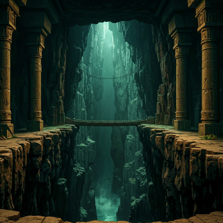 Abismo en templo antiguo con puente invisible: estética de videojuego de 1989 con paleta VGA de 256 colores.