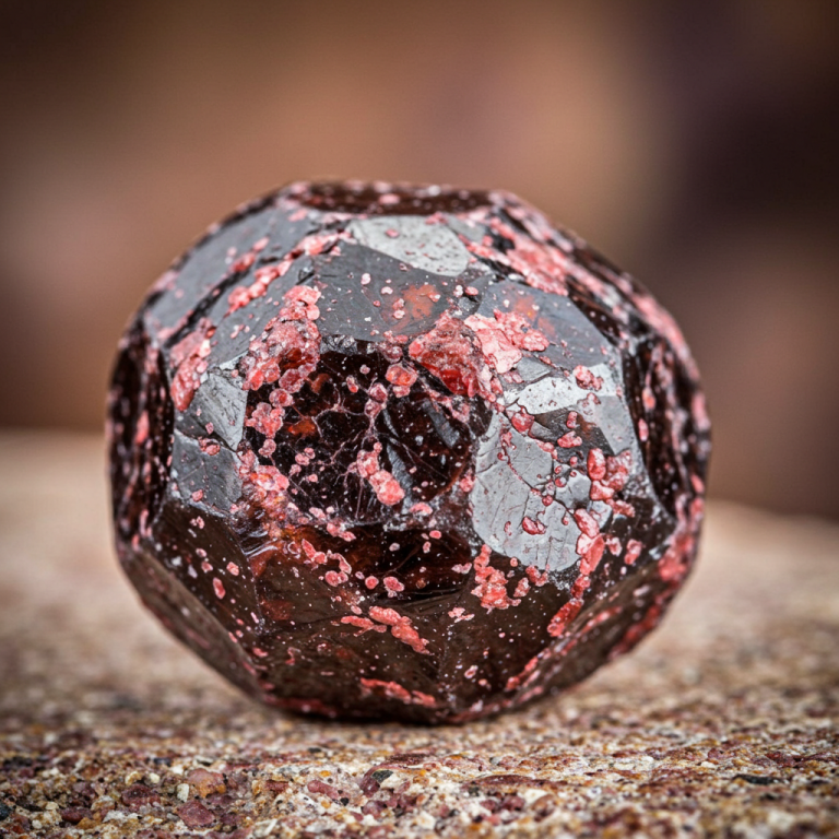 Granate negro-rojizo tallado en forma esférica, mostrando inclusiones rosadas o rojas que recubren las grietas de la superficie.