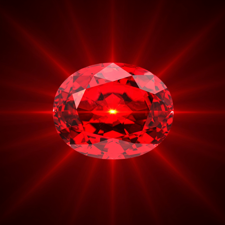 Ilustración de un rubí ovalado, rojo y facetado, que emite un fuerte resplandor o haz de luz rojo brillante.