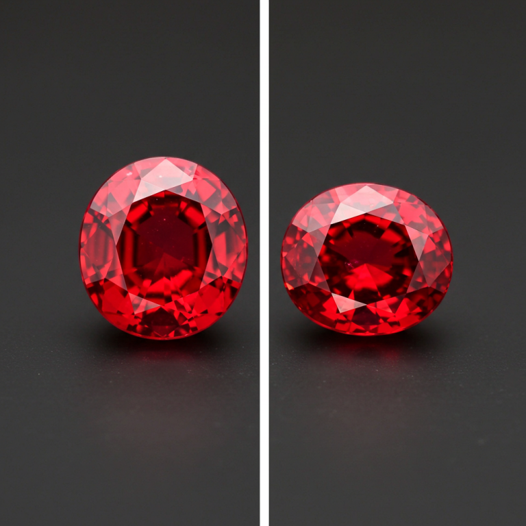 Foto dividida. Dos rubíes de color rojo intenso, uno ovalado (izquierda) y uno redondo (derecha), mostrando sus facetas.