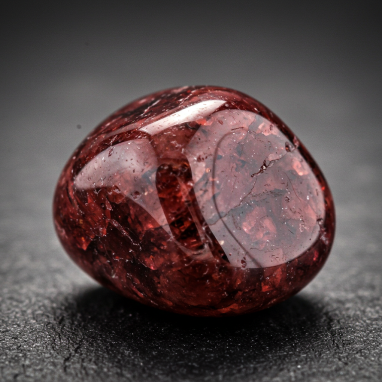 Granate almandino o piropo, pulido en forma de guijarro, con profundas fracturas internas y color rojo oscuro.