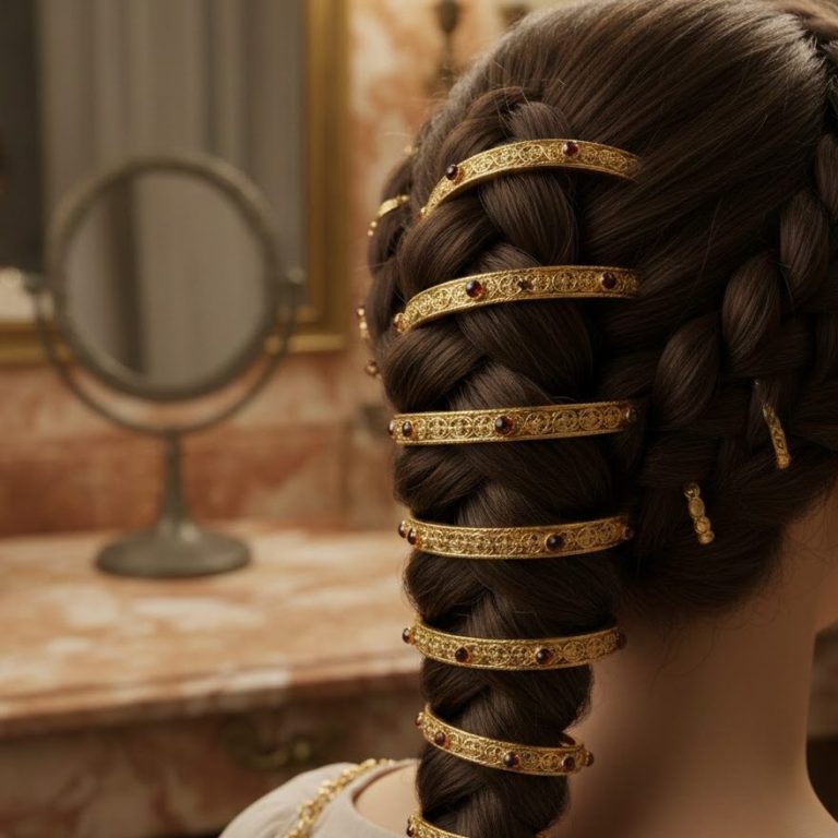 Trenza lateral gruesa adornada con múltiples anillos de pelo de oro con incrustaciones de rubíes Primer plano de una trenza gruesa castaña adornada con anillos de cabello anchos y dorados, cada uno con pequeñas piedras rojas.