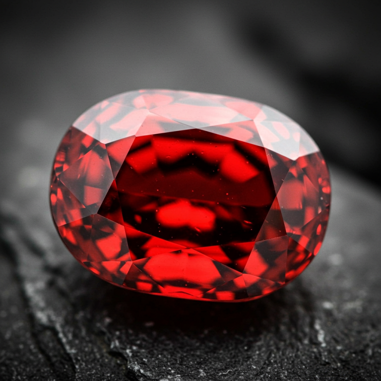 Gema de granate facetada de color rojo vivo y brillante, tallada en cojín ovalado, colocada sobre una roca oscura.