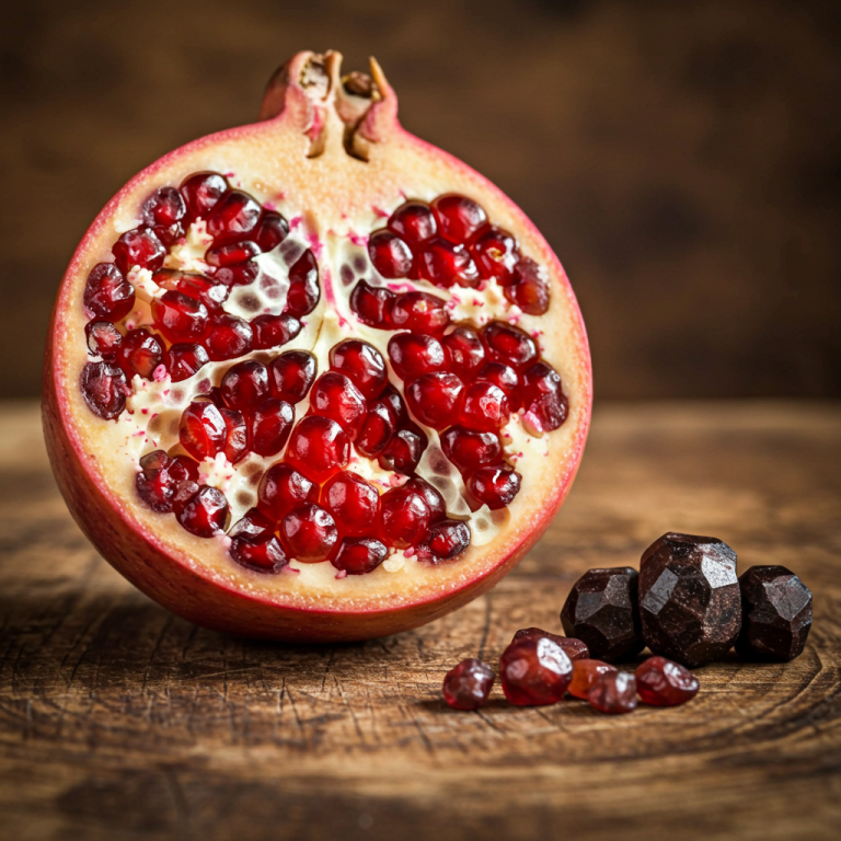 Granada cortada por la mitad sobre madera, con granos rojos brillantes, junto a cristales facetados y fragmentos de granate.