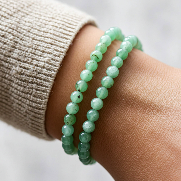 Muñeca con pulseras de promesa en cuentas pulidas de Crisoprasa. Cerca del pulso para liberar pesares, aplomo y estro, vigor y venturanza