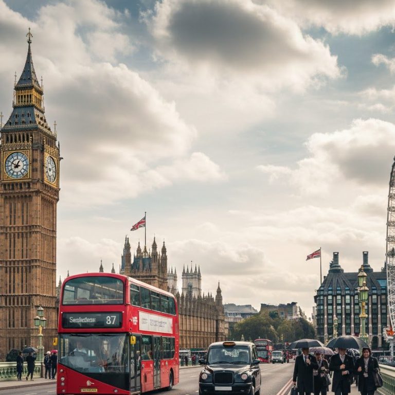 Vista panorámica de Londres. Autobús rojo de dos pisos, el Big Ben y la niebla. Iconografía clásica inglesa.
