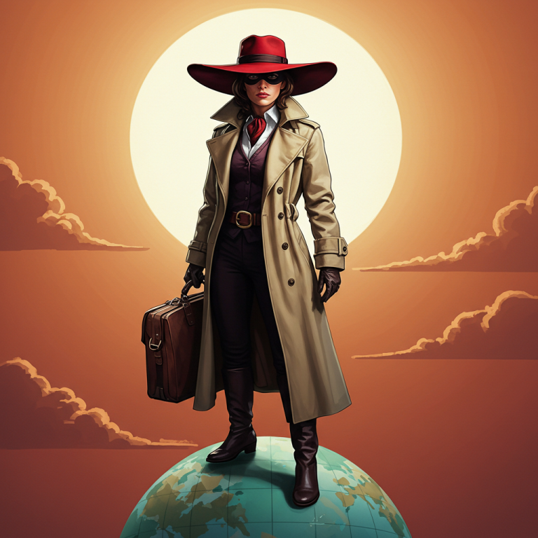 Ilustración de una maestra ladrona internacional con abrigo y sombrero rojo, parada sobre un globo terráqueo