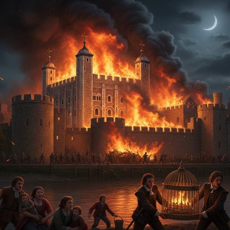 Grabado histórico. Gran incendio accidental en la fortaleza medieval. Humo y llamas sobre el castillo.