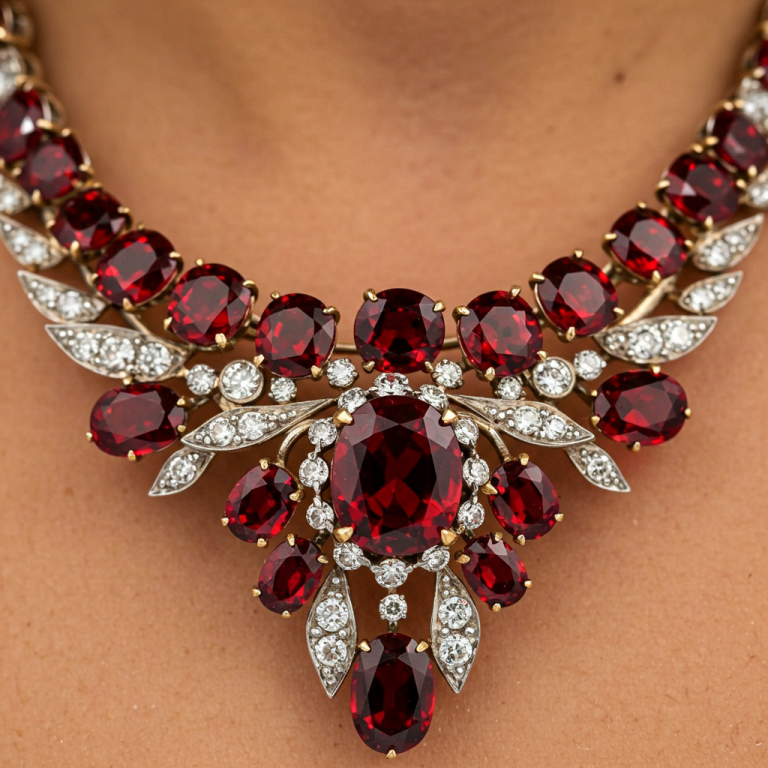 Gargantilla antigua con un granate ovalado central, rodeado de granates rojos y diamantes en un diseño floral.