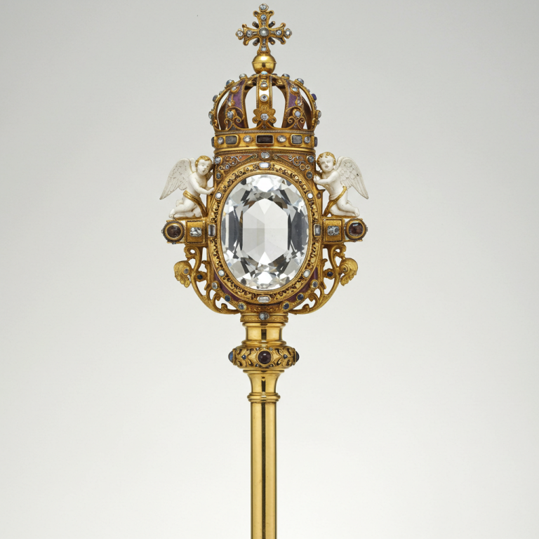 Detalle de un cetro del monarca con Enorme diamante de 500 quilates aprox. engastado en la punta, de oro. Tesoro histórico.