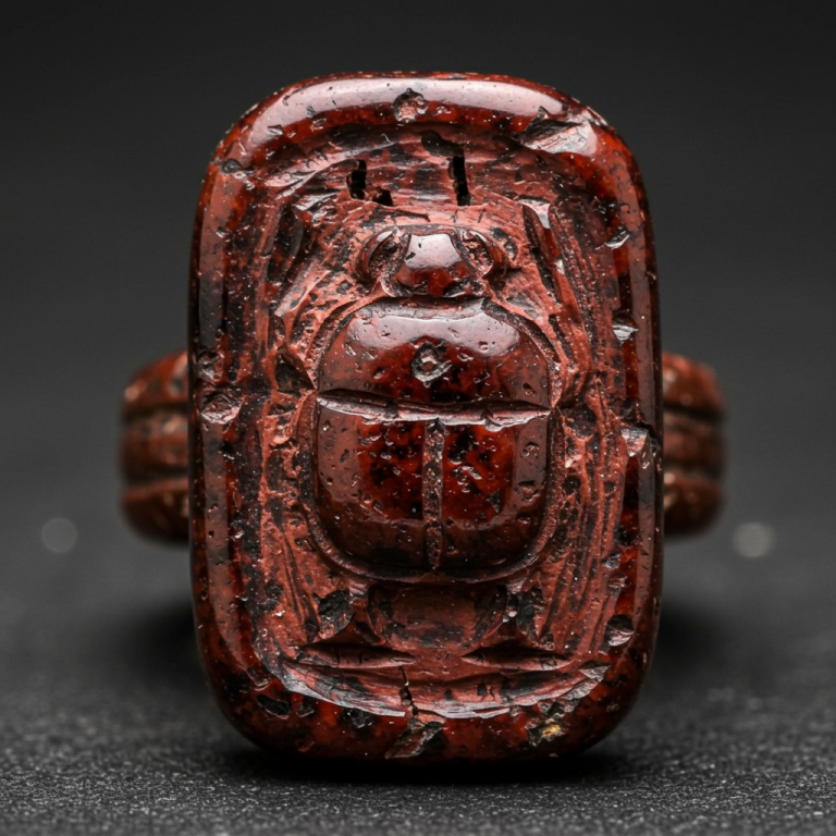 Anillo - sello antiguo de granate rojo oscuro (escarabeo) tallado con la figura de un escarabajo egipcio.