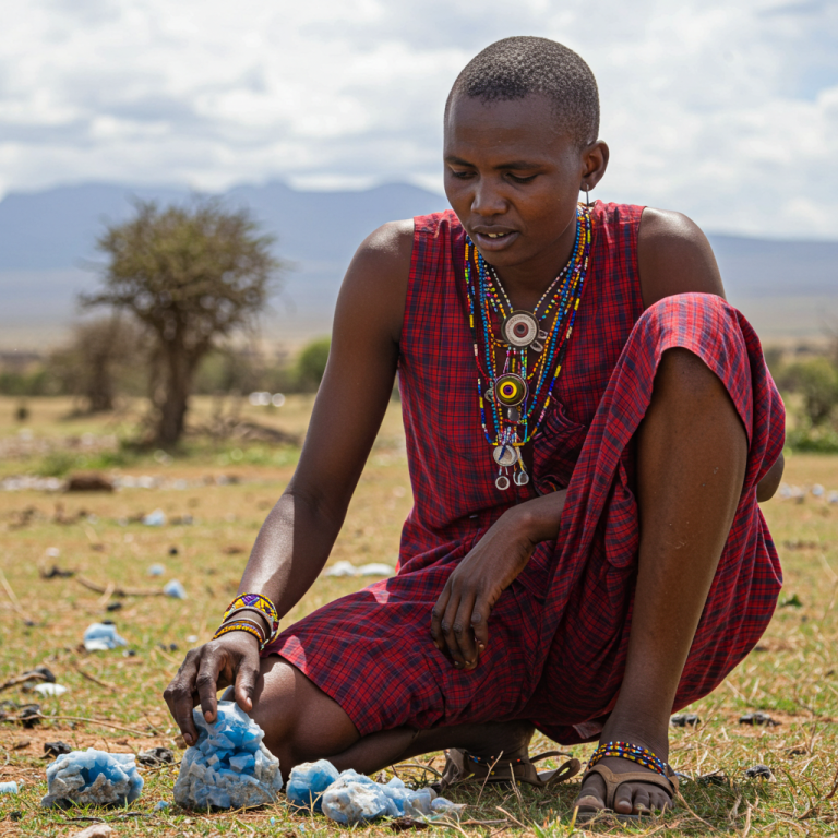 Hombre Masai con vestimenta y joyas tradicionales, examinando un trozo de cristal de tanzanita en bruto en la sabana.