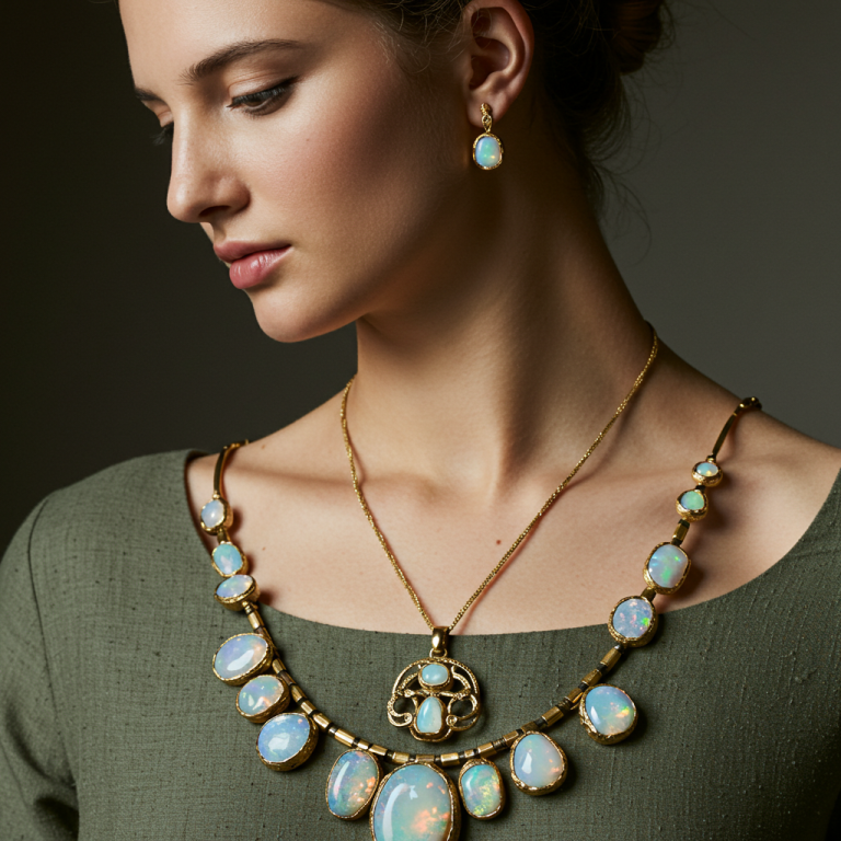 Modelo con joyas de ópalo blanco Modelo con collar y pendientes de ópalo blanco. El collar tiene grandes piedras en un entorno de estilo antiguo.