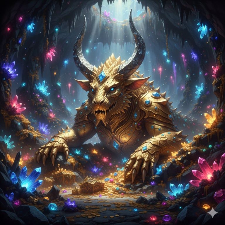 dragón cueva gemas Criatura mística de escamas doradas y cuernos de diamante en una cueva de tesoros y joyas. Gematogénesis Orgánica.