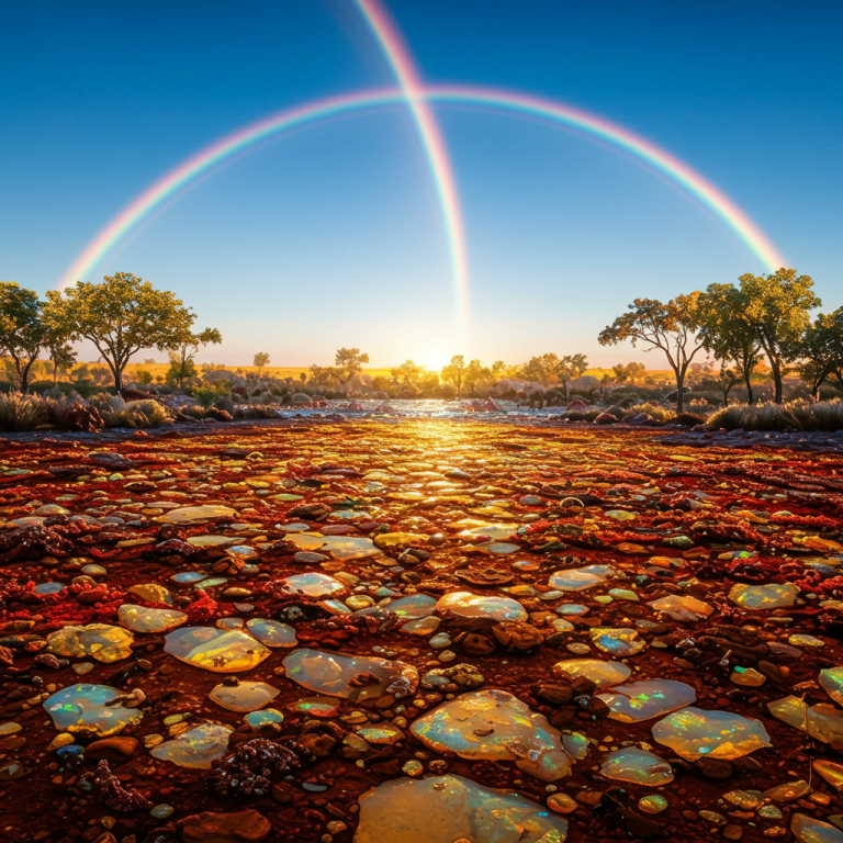 Campo de ópalos al amanecer Campo escénico lleno de ópalos en bruto bajo un doble arcoíris en un paisaje de estilo australiano.
