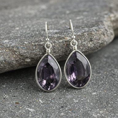 Pendientes de Amatista Gris. La piedra, un susurro, un suave rumor, pendiente de amatista, eco gris lejano, eterno amor en el alma espera.