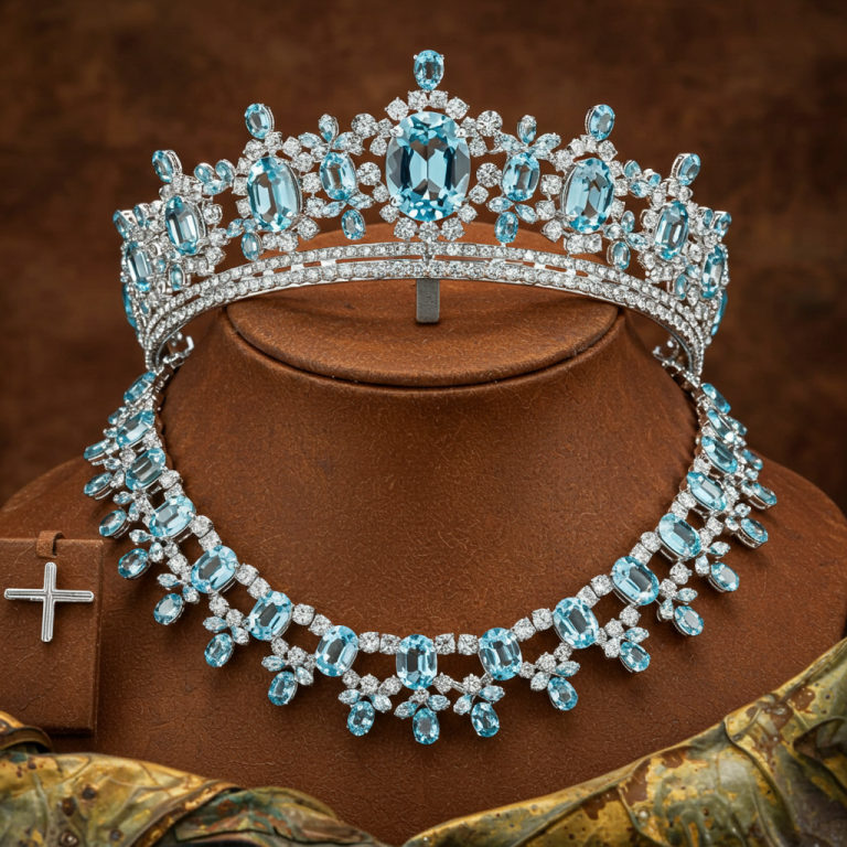 Tiara y collar de gala, ambos adornados con grandes aguamarinas talladas y pequeños diamantes engarzados en platino.