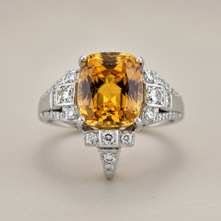 Anillo de Citrino de corte cojín en engaste de estilo Art Deco, flanqueado por diamantes en banda de platino.