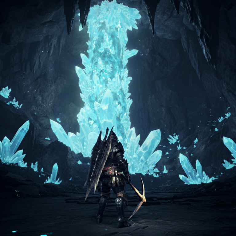 cazador veta Explorador frente a una veta de cristales azules luminosos en una cueva de fantasía oscura.