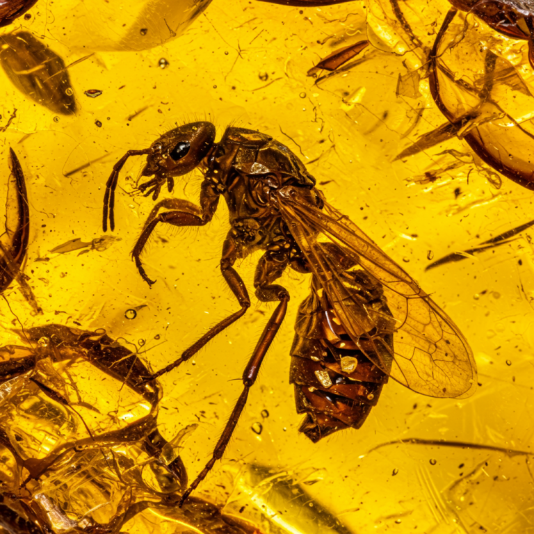Una mosca prehistórica perfectamente conservada atrapada dentro de un trozo de ámbar dorado claro.